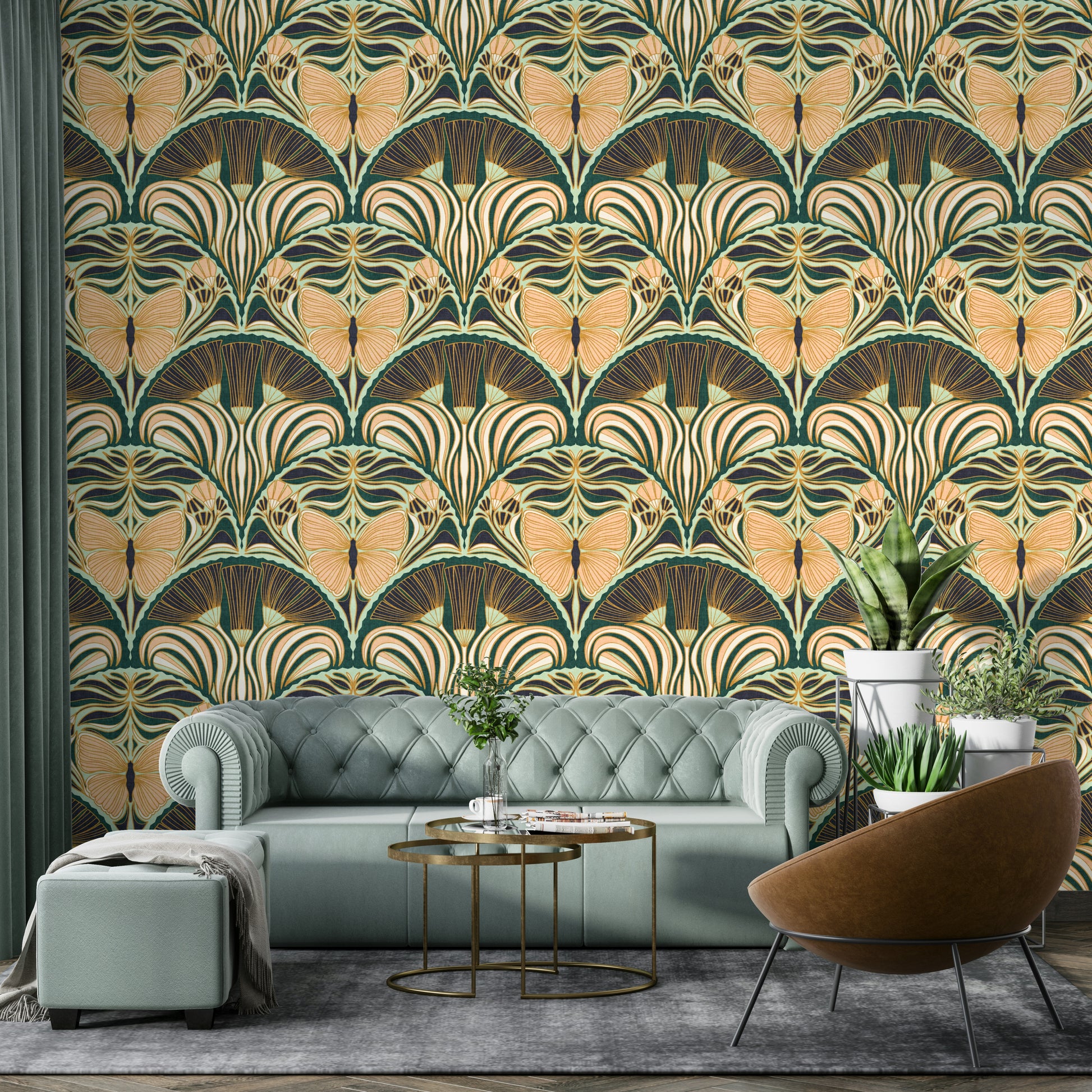 Glamorous wallpaper with ornate butterflies and fans

