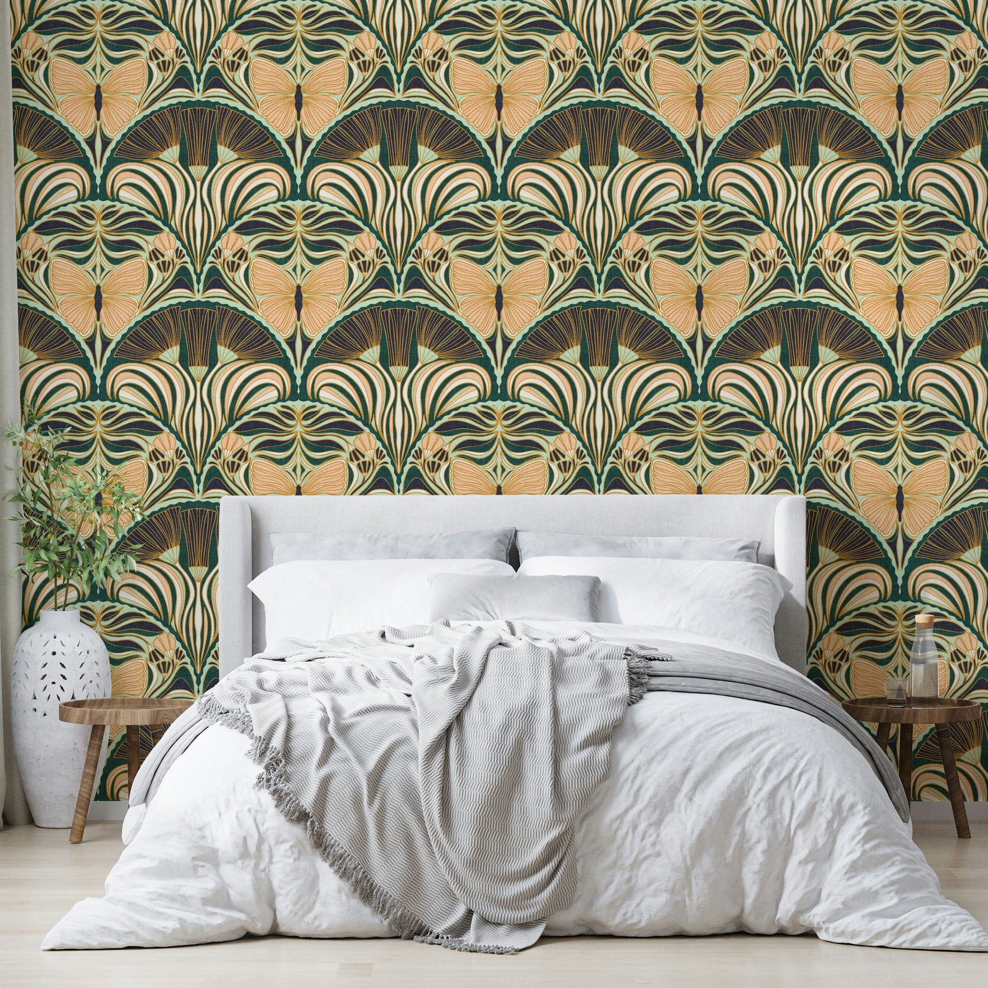 Vintage Art Deco wallpaper featuring butterfly motifs

