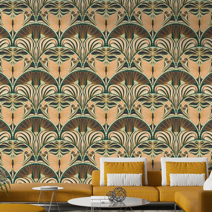 Ornate butterfly and fan pattern wallpaper design

