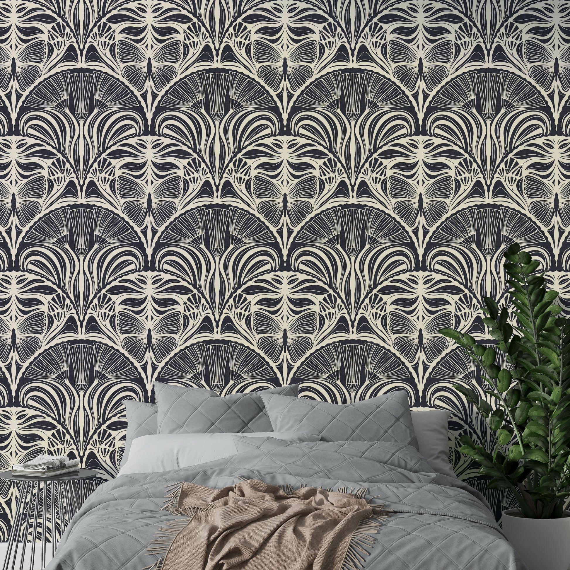 Gatsby-inspired wallpaper in dramatic charcoal tone

