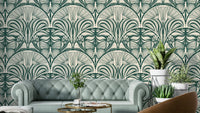 1920s-style green wallpaper with luxe detailing

