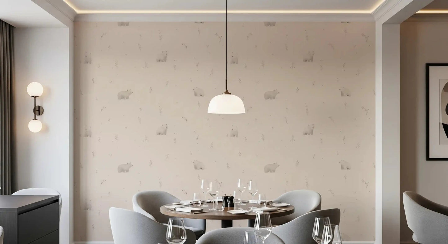 Dining room with gentle bear meadow wallpaper in soft beige and calm woodland tones