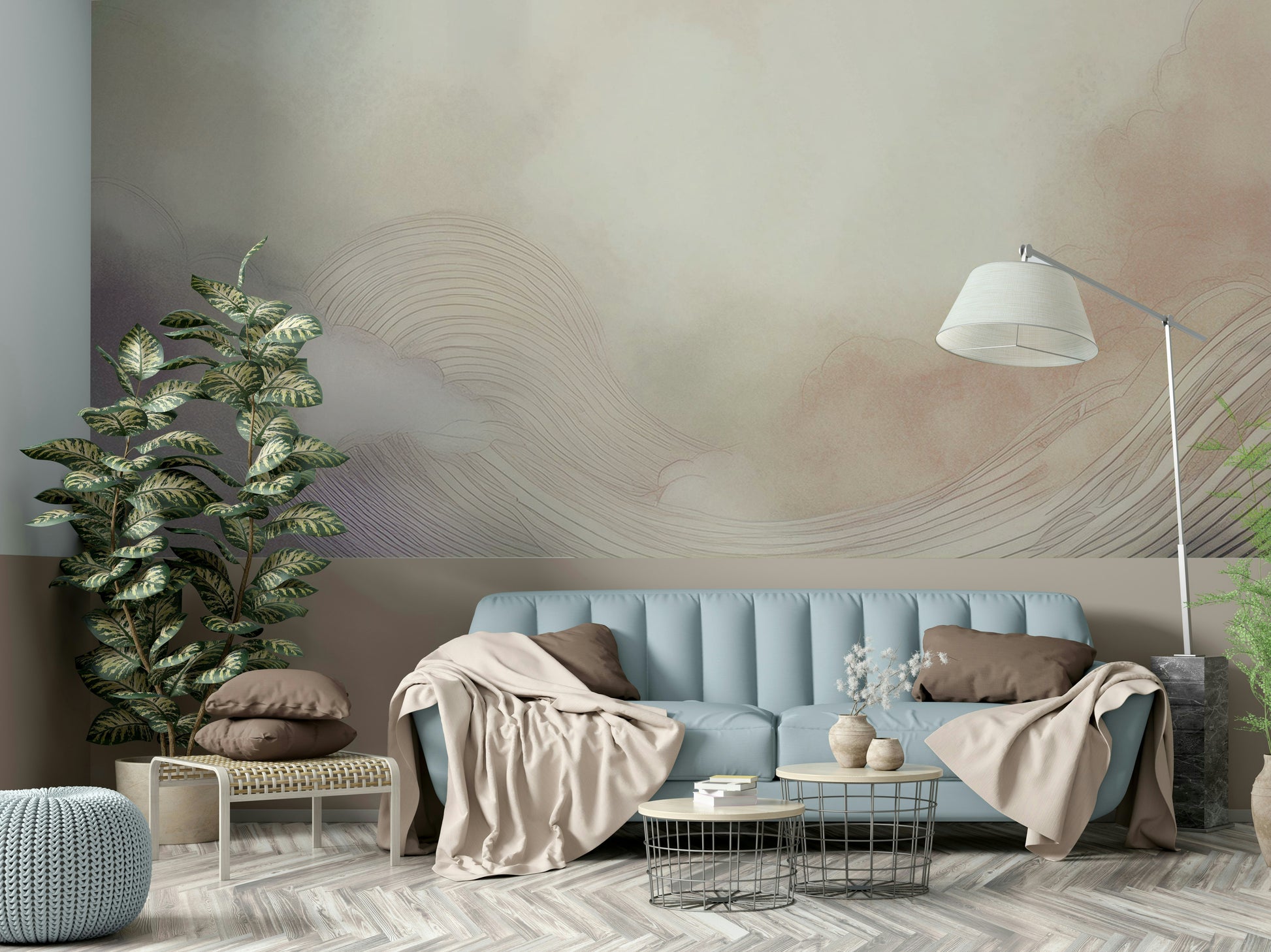 Subtle sky-themed wallpaper for a contemporary bathroom or spa area.
