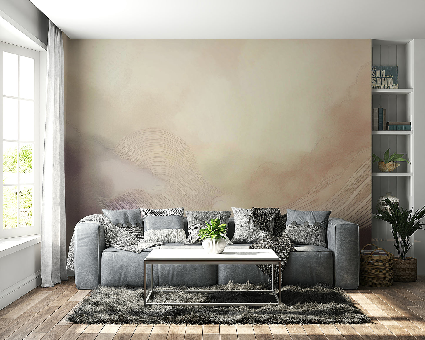Gentle Cloud Drift Wall Mural in a soft, modern living room with white furniture.