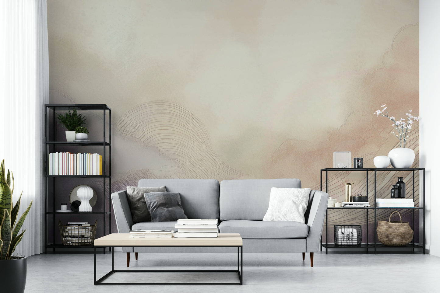Minimalist sky mural with a soft color palette for a modern apartment bedroom.