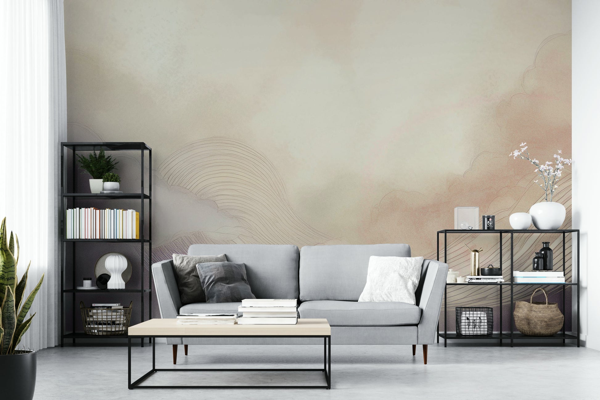 Minimalist sky mural with a soft color palette for a modern apartment bedroom.