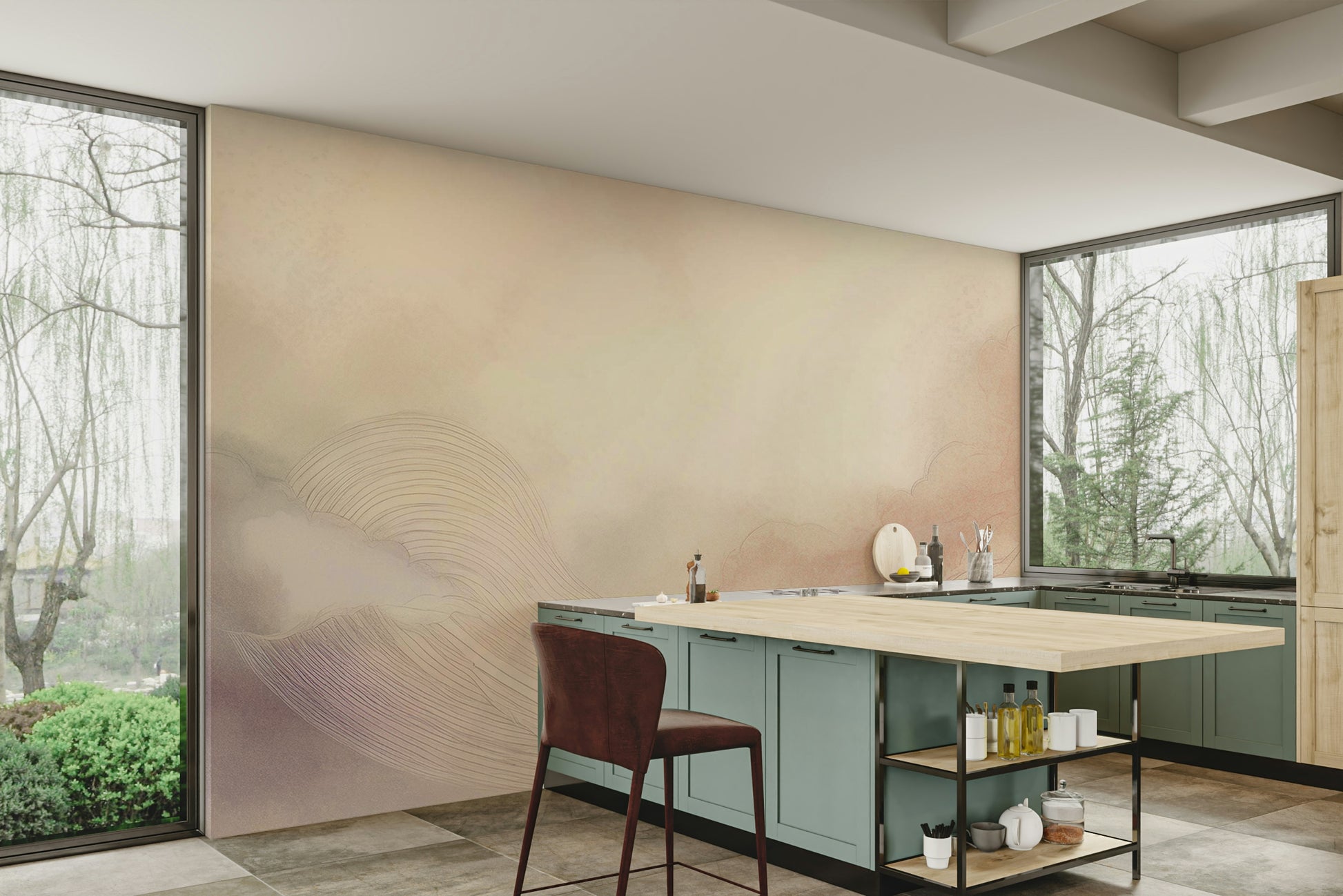 Calming wall decor for an office featuring a realistic soft sky design.
