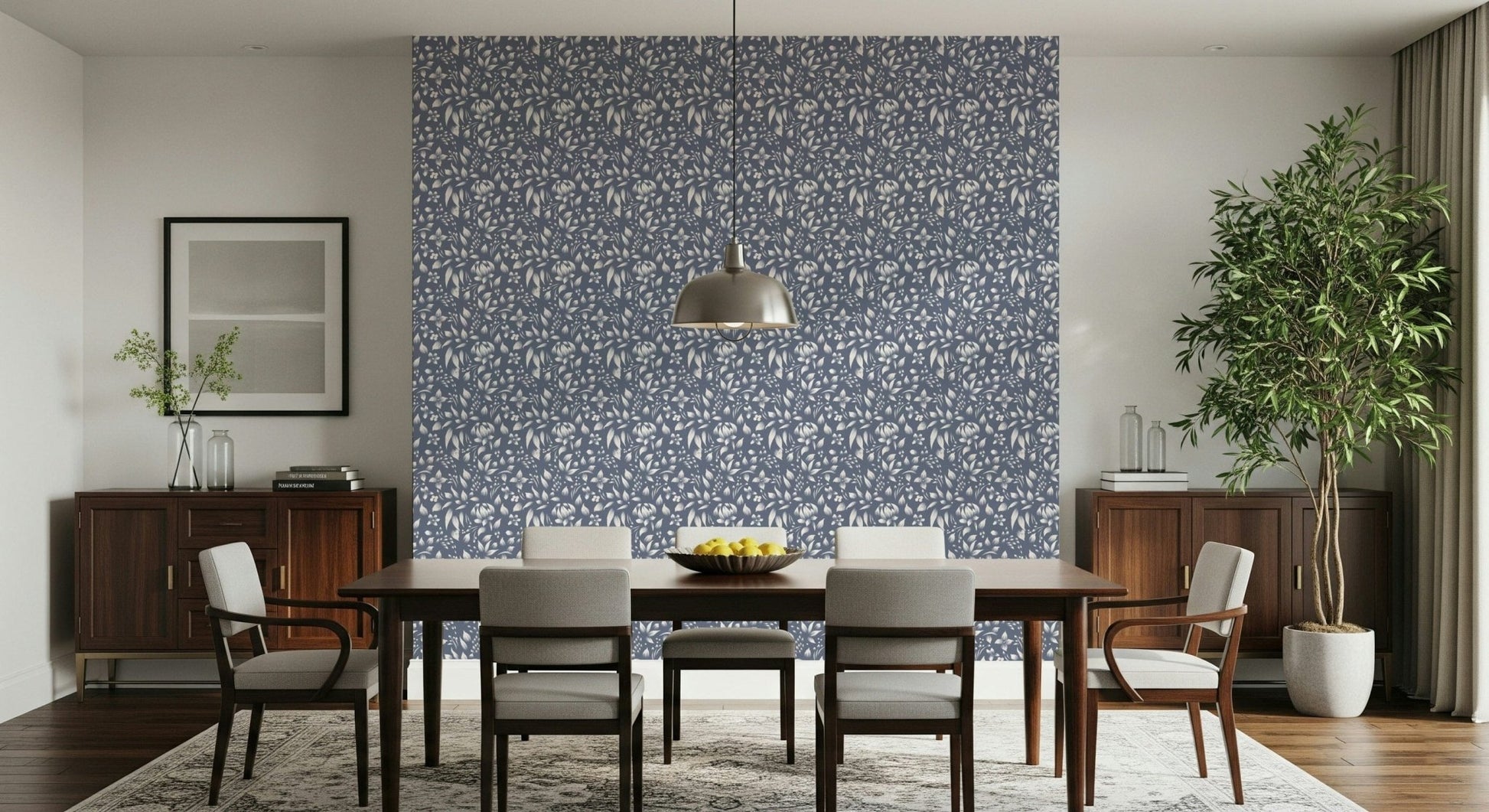 Gentle foliage wallpaper featuring soft botanical patterns on a muted gray background.