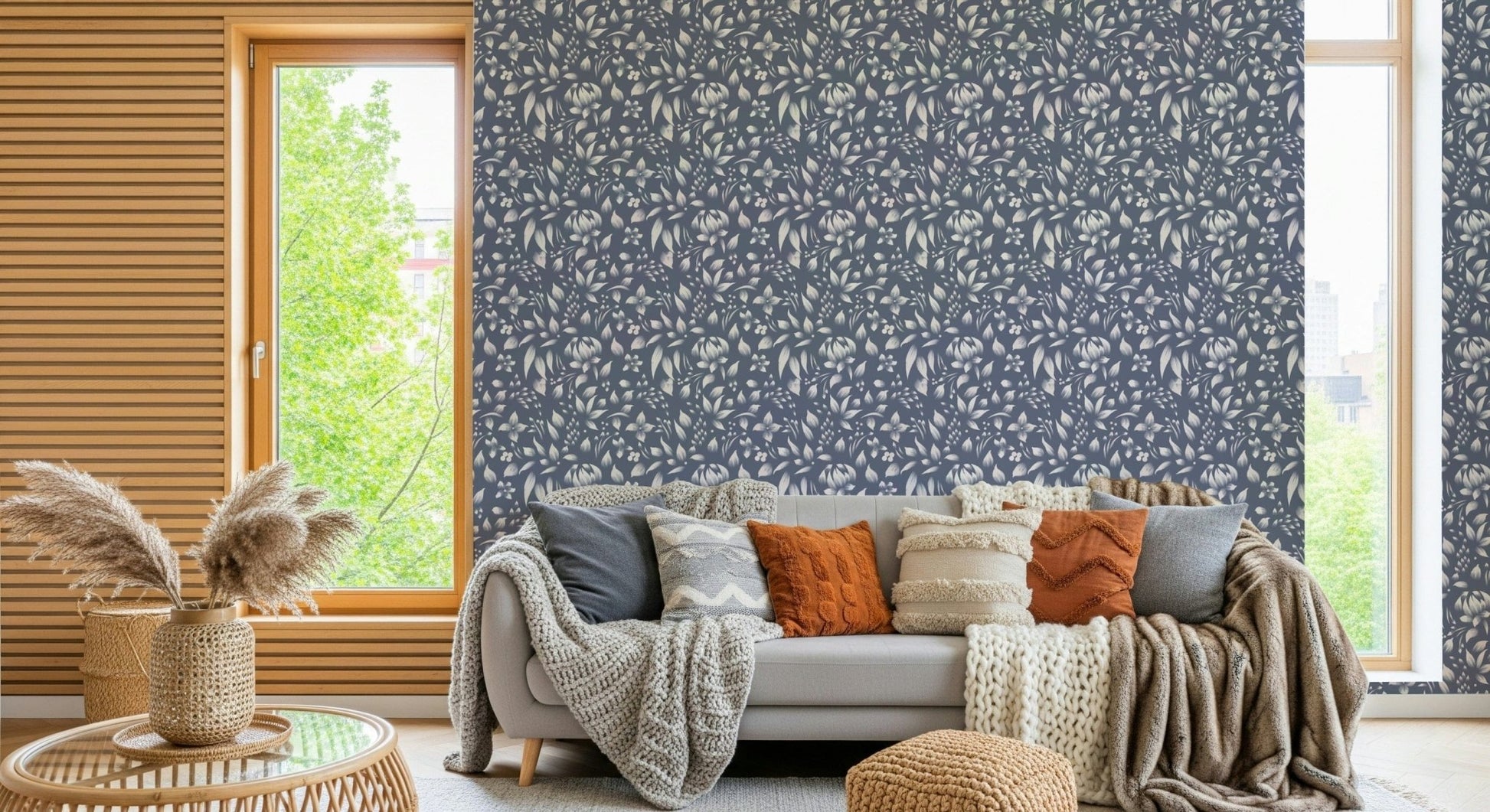Decorative foliage wallpaper with intricate leaf clusters on a dark gray base.