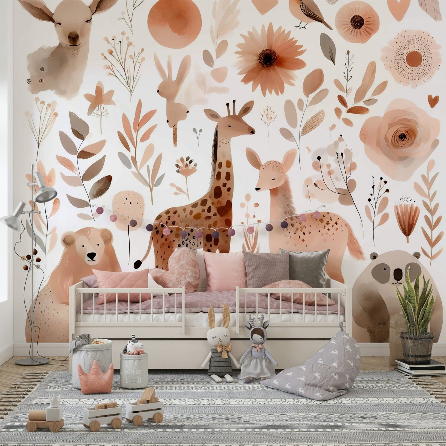 Nature-inspired wildlife mural with deer, rabbits, and birds.

