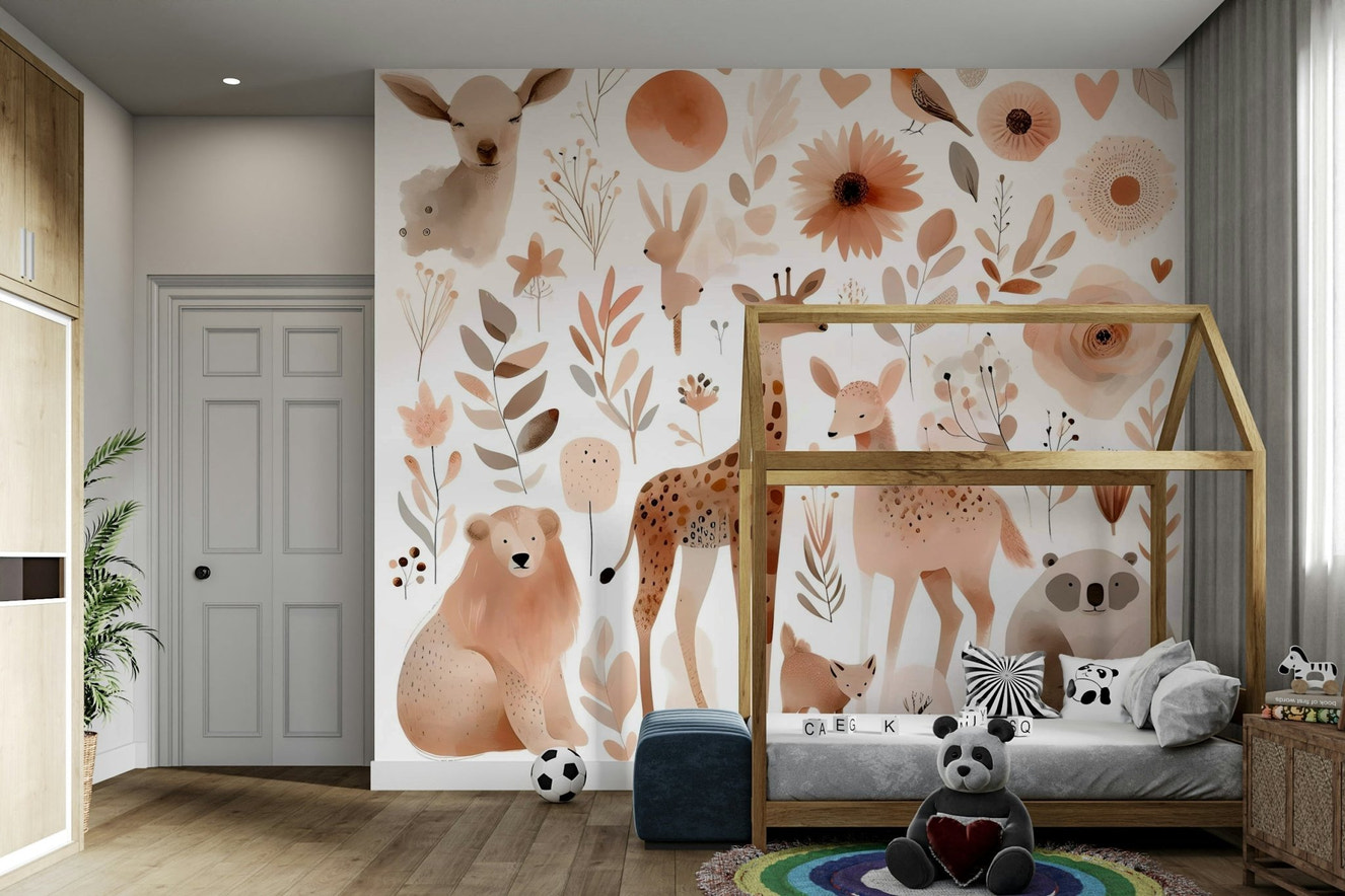 Gentle Wild Haven Wall Mural featuring peaceful wild animals.

