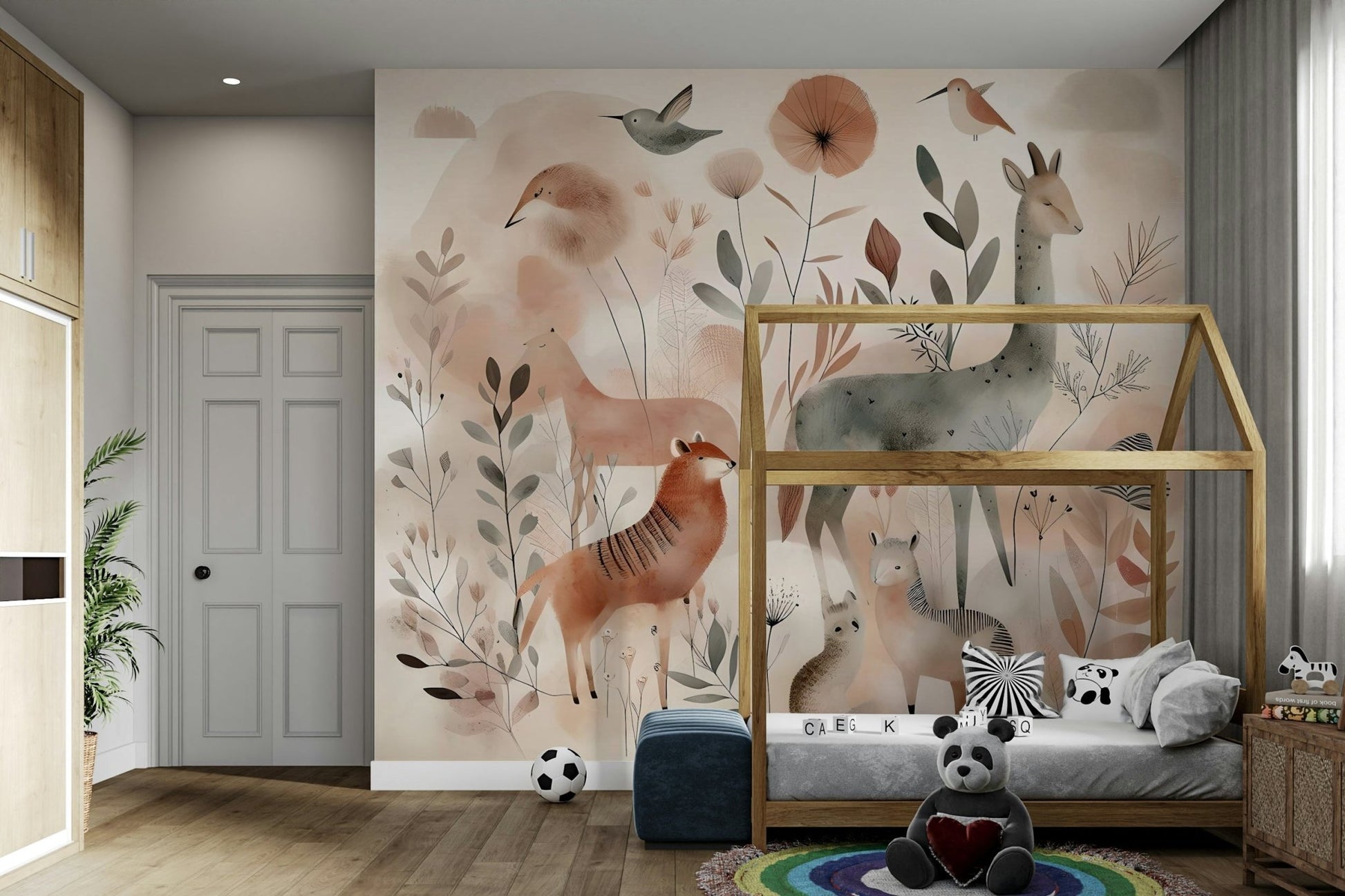 Relaxing Gentle Woodland Safari mural for kids' rooms and nurseries.

