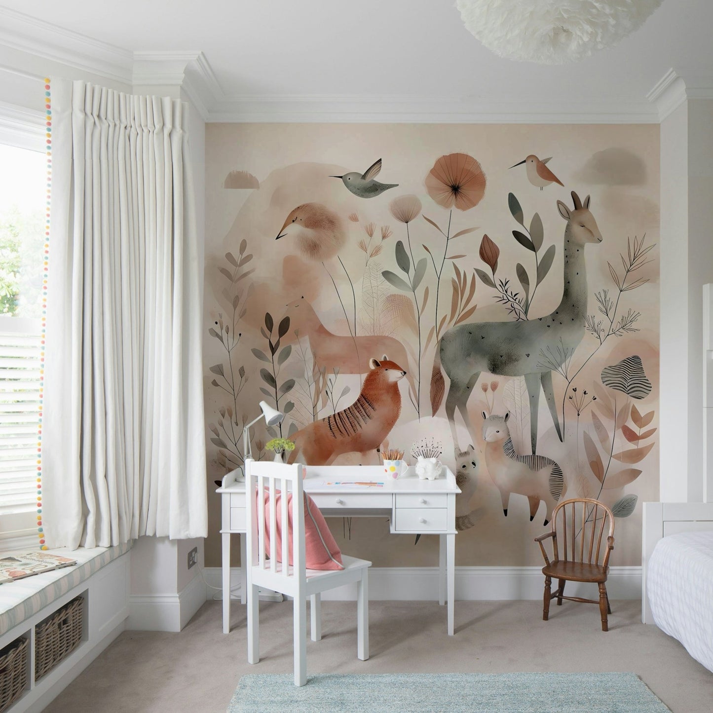 Gentle woodland animals in soft colors on mural wallpaper.

