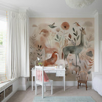 Gentle woodland animals in soft colors on mural wallpaper.


