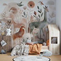Woodland creatures like deer and owls in Gentle Safari wall mural.

