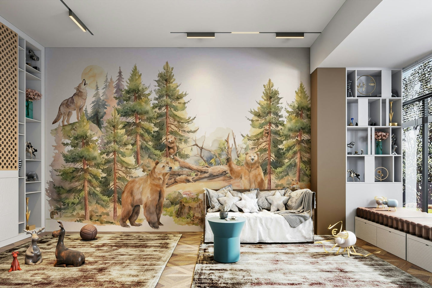 Wallpaper with a mix of peaceful greens, browns, and grays.

