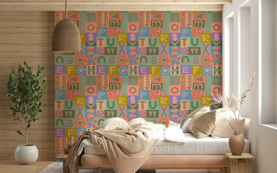 Vintage 1950s Colors Graphic Lettering wall mural playful blocks whimsical shapes.