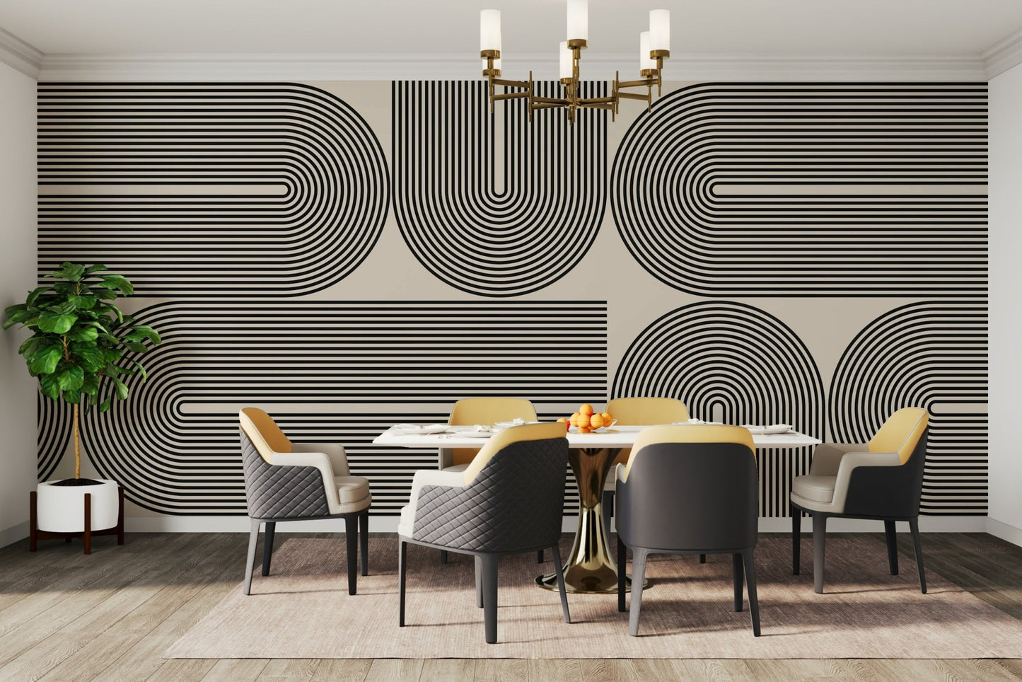 The room feels stylish and grand due to the elegant design.

