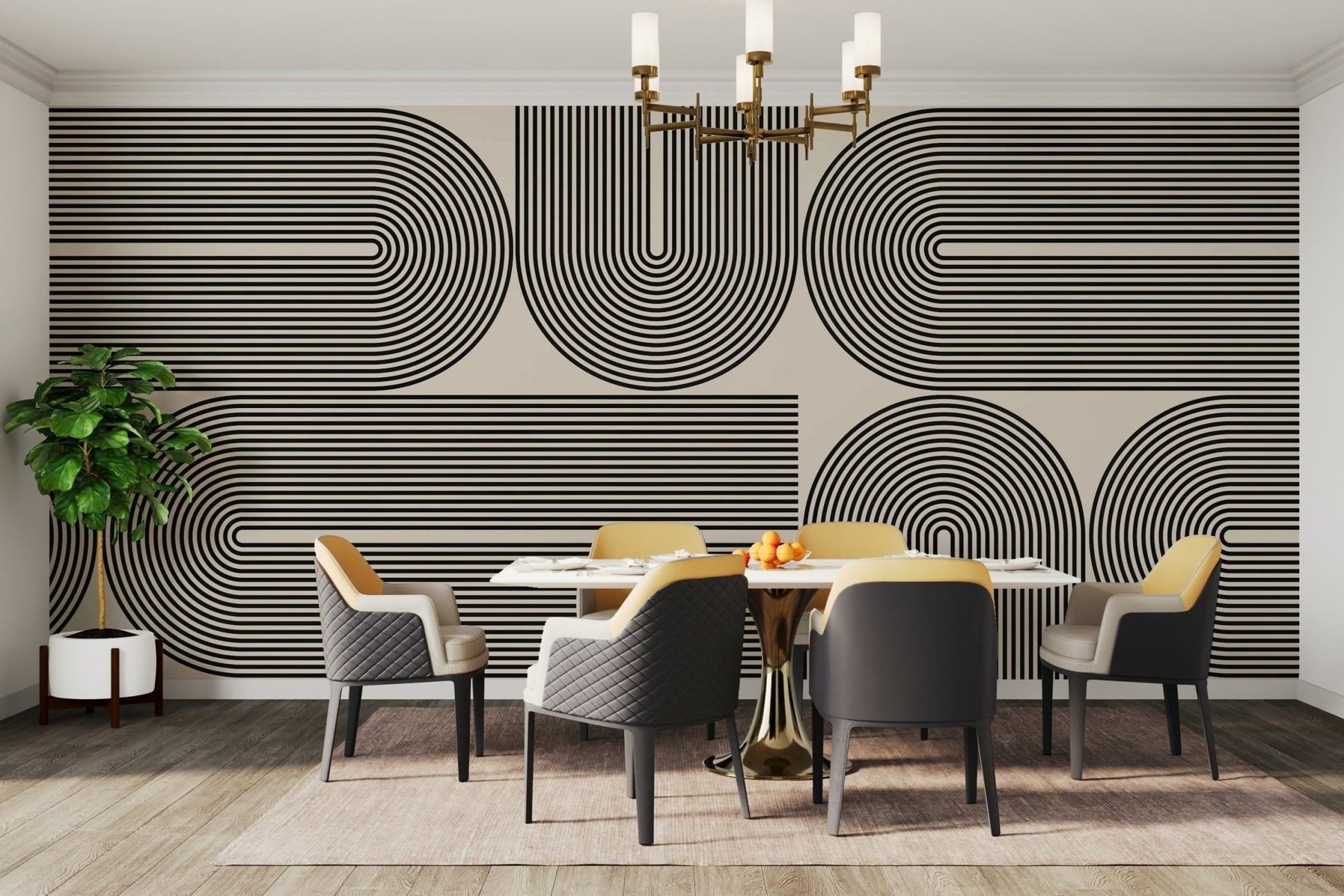 The room feels stylish and grand due to the elegant design.

