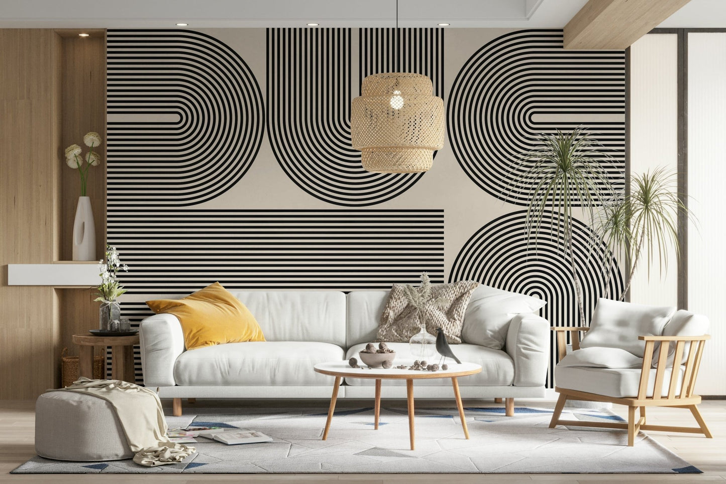 The wall mural is installed on a living room feature wall.

