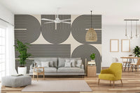 A modern wall mural with a repeating geometric archway pattern.

