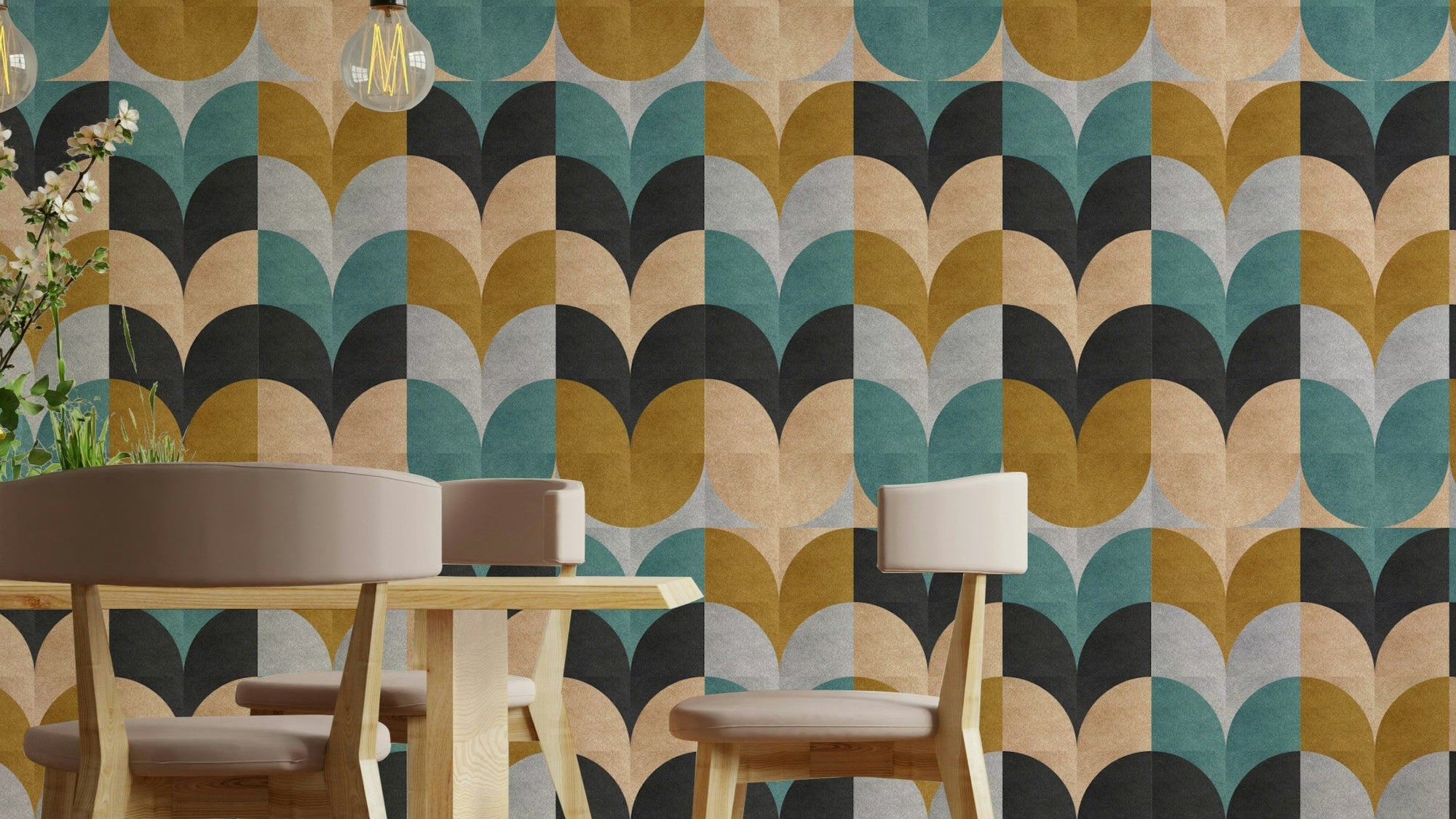Geometric Art wallpaper with retro teal and ochre scallop blocks beside a wooden dining table and chairs