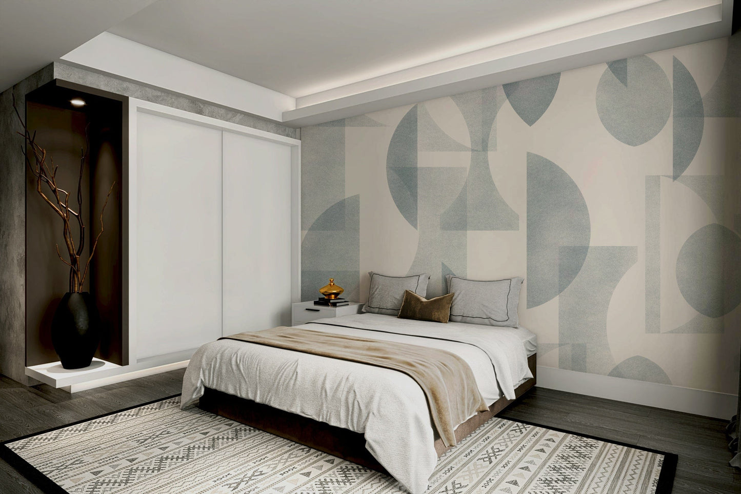 A contemporary office with a unique geometric art mural

