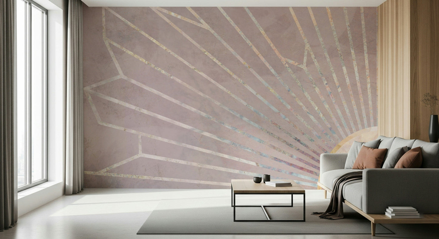 A serene abstract block wall mural with a radiant effect.
