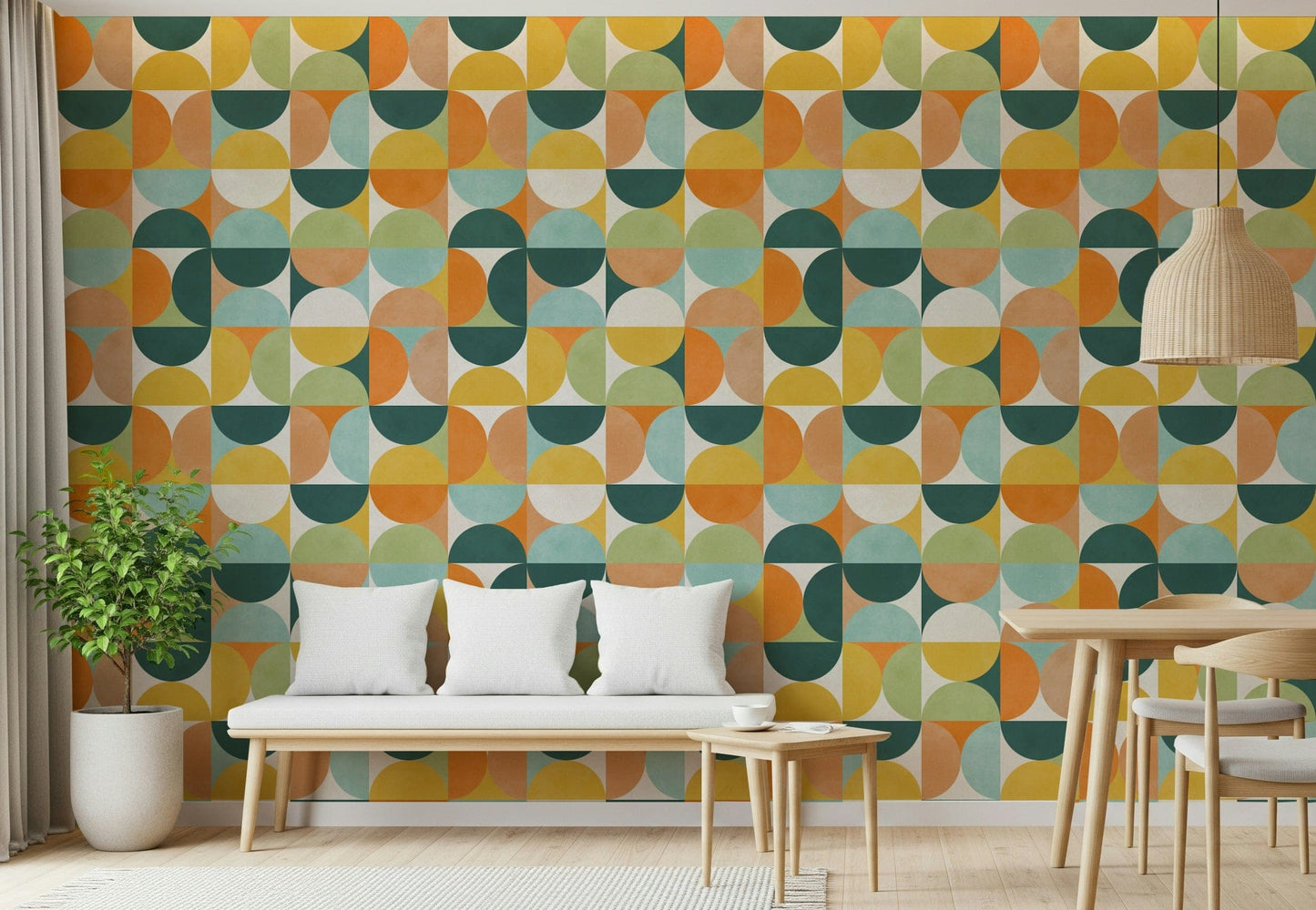 Mid-century modern aesthetic peel and stick wallpaper, Geometric Harmony 2.