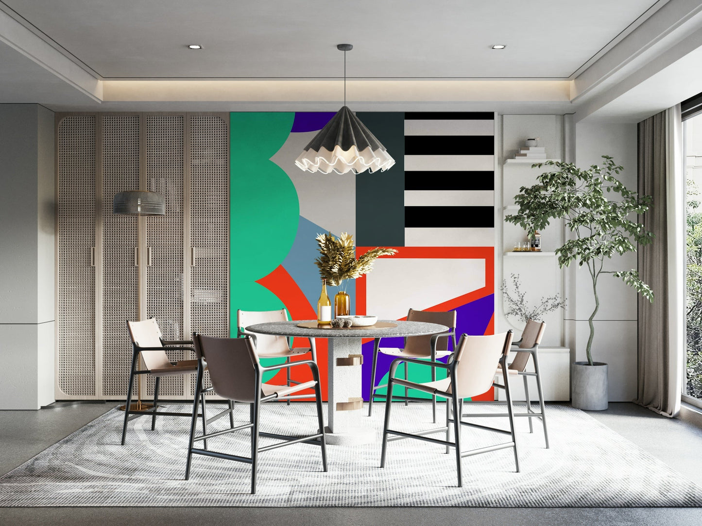 Bold geometric patterns creating dynamic echoes in wall mural

