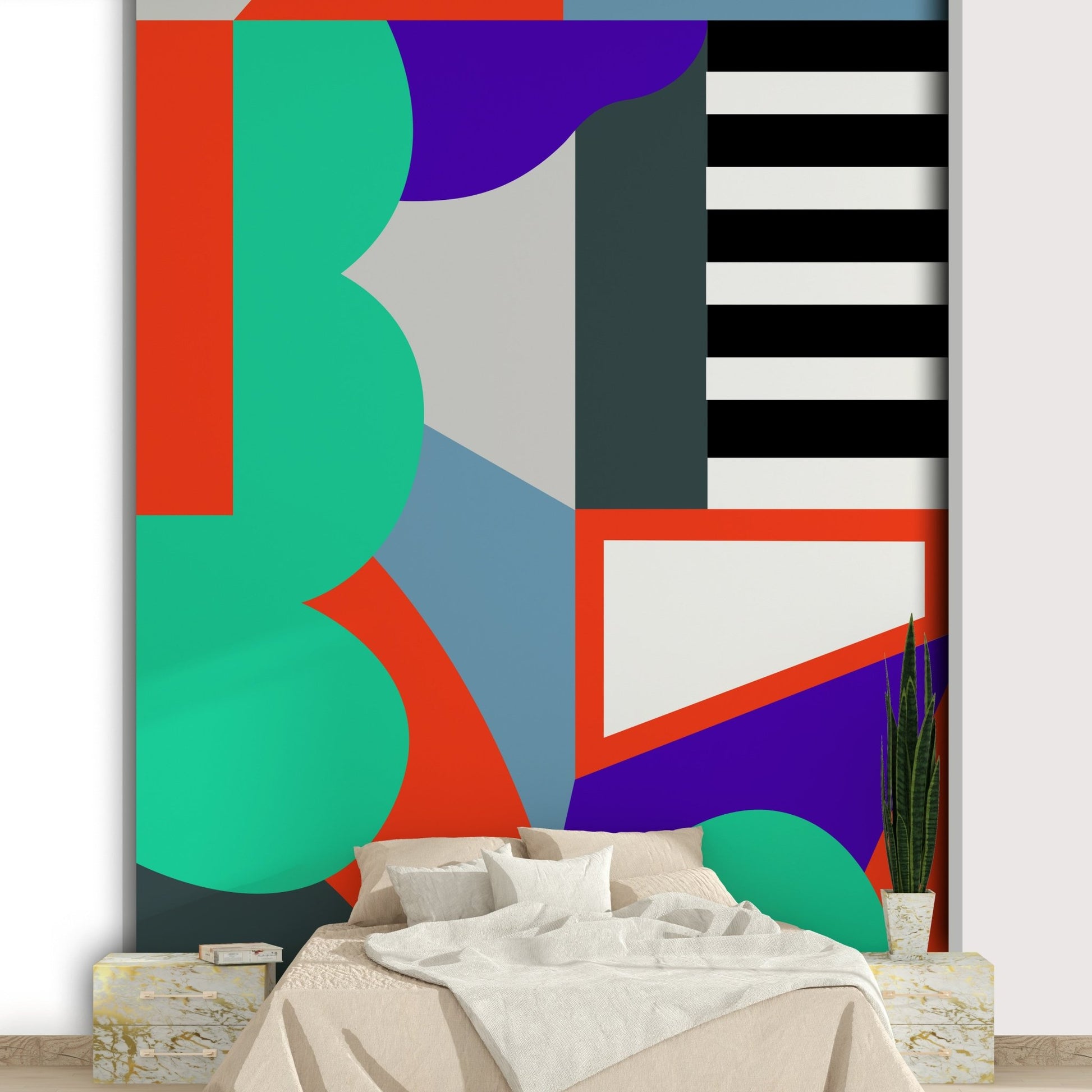 Abstract geometric mural with sharp angles and vibrant colors

