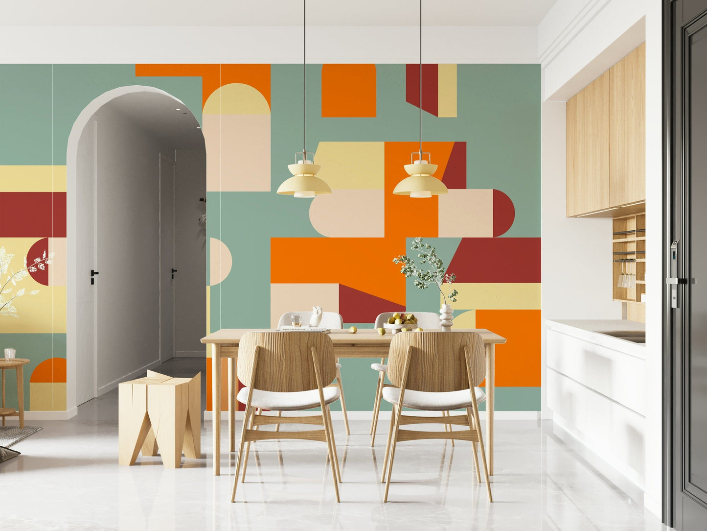 Artistic geometric wallpaper mural adding warmth and freshness to any modern interior setting.