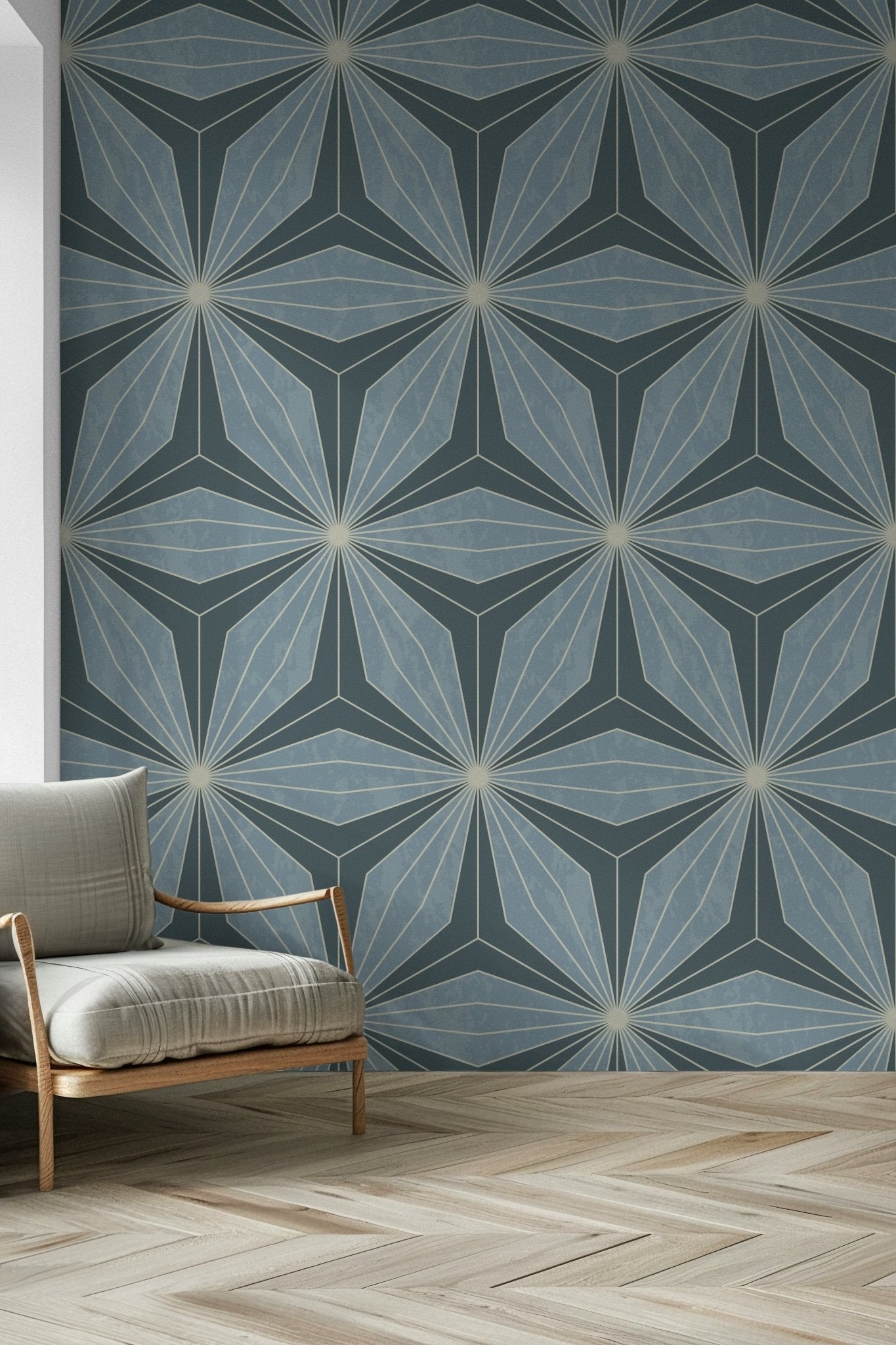 Beautiful pale and slate blue Radiance design mural for interiors.