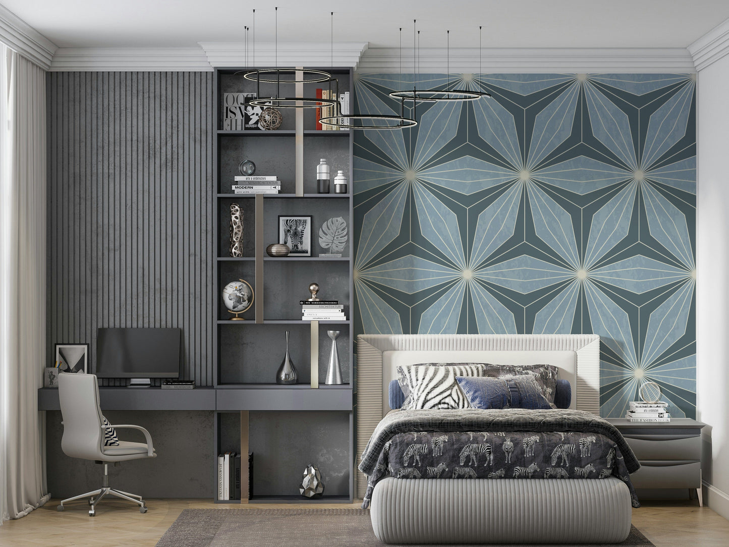 Sophisticated blue fan design mural called Geometric Flowers.