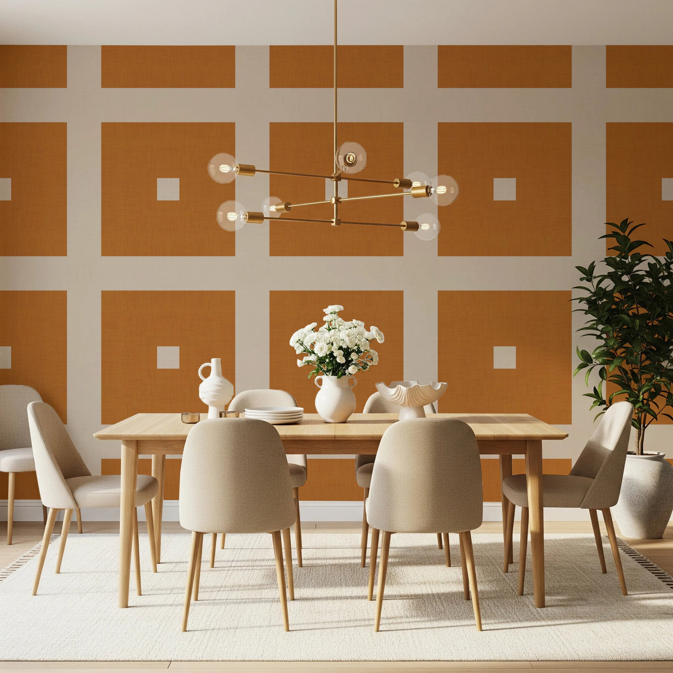 Geometric Grid Blocks Terracotta Cream Wallpaper⁠