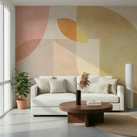 An artistic interlocking shape mural on minimalist wallpaper.

