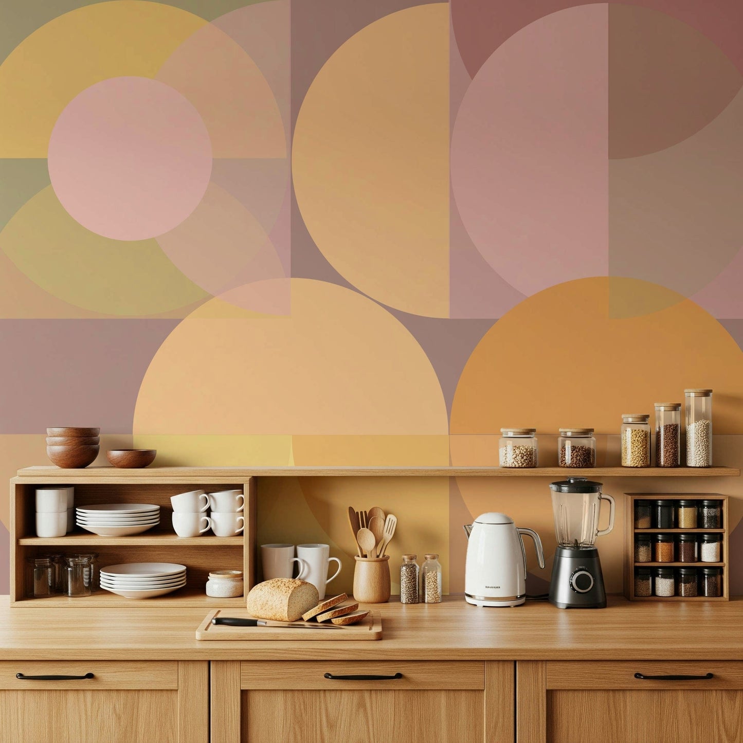 A modern Geometric Wallpaper mural featuring a harmonious blend of soft pastel shapes.