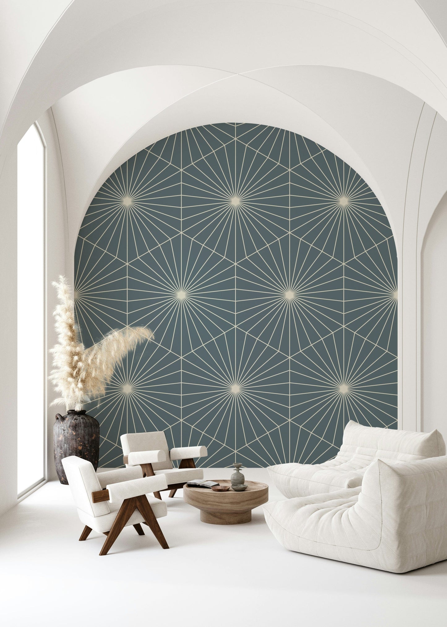 Serene teal and cream Radiance motif mural for calming interiors.