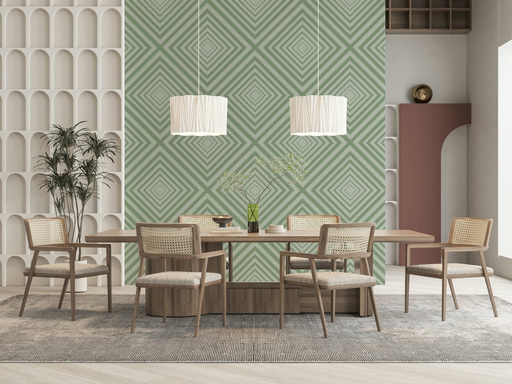 Stylish Geometric vertical zig-zag wallpaper chic interior styling.