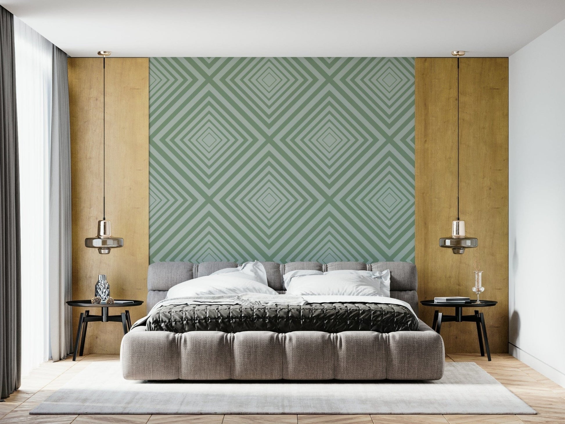 Calming Sage graphic wall mural subtle geometric repeating pattern.