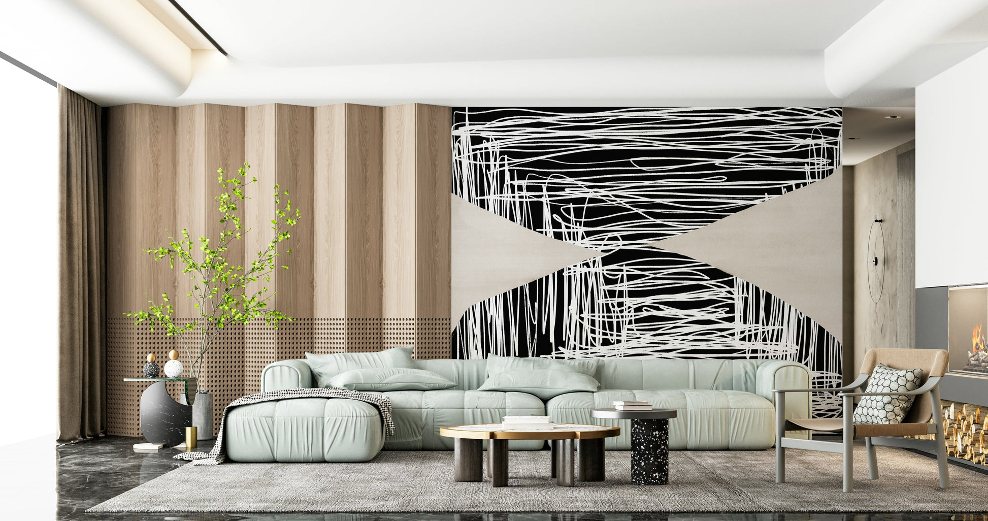 A peaceful modern abstract mural on decorative wallpaper.