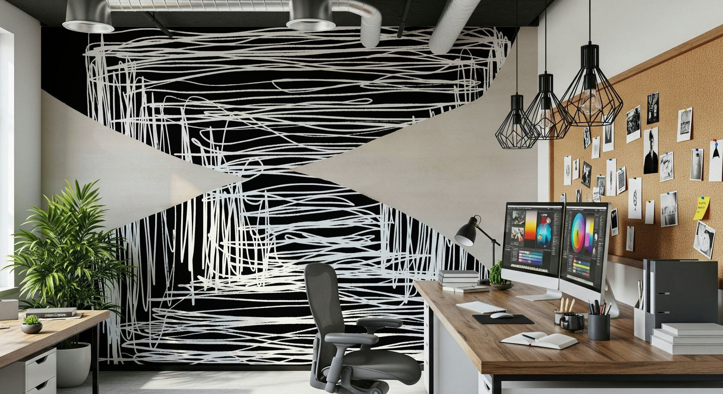 A beautiful abstract art wallpaper mural with geometric shapes and scribbled lines.