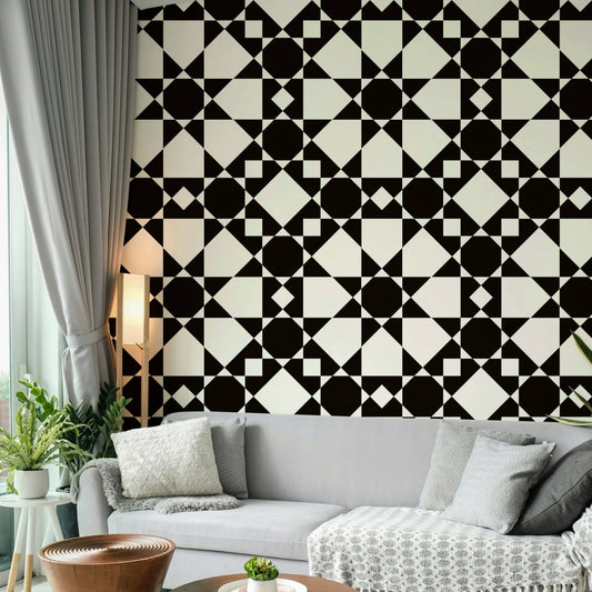 Modernist star tiling art deco wallpaper in monochrome.
