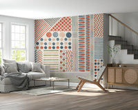 An artistic modern pattern mural on minimalist wallpaper.