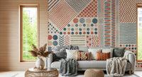 A beautiful abstract rhythmic wallpaper mural in terracotta and indigo.