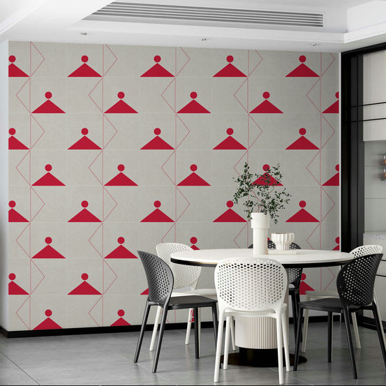 Geometric Textile wallpaper with red triangle motifs on cream in a dining room with black and white chairs