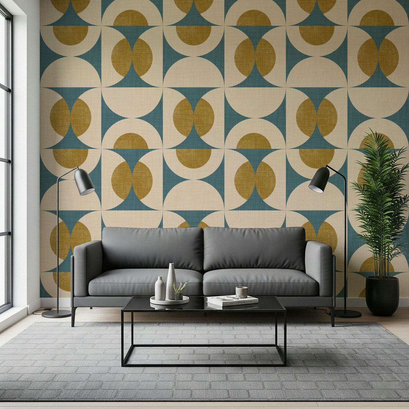 Retro geometric tile wallpaper with blue, mustard, and cream circular patterns.