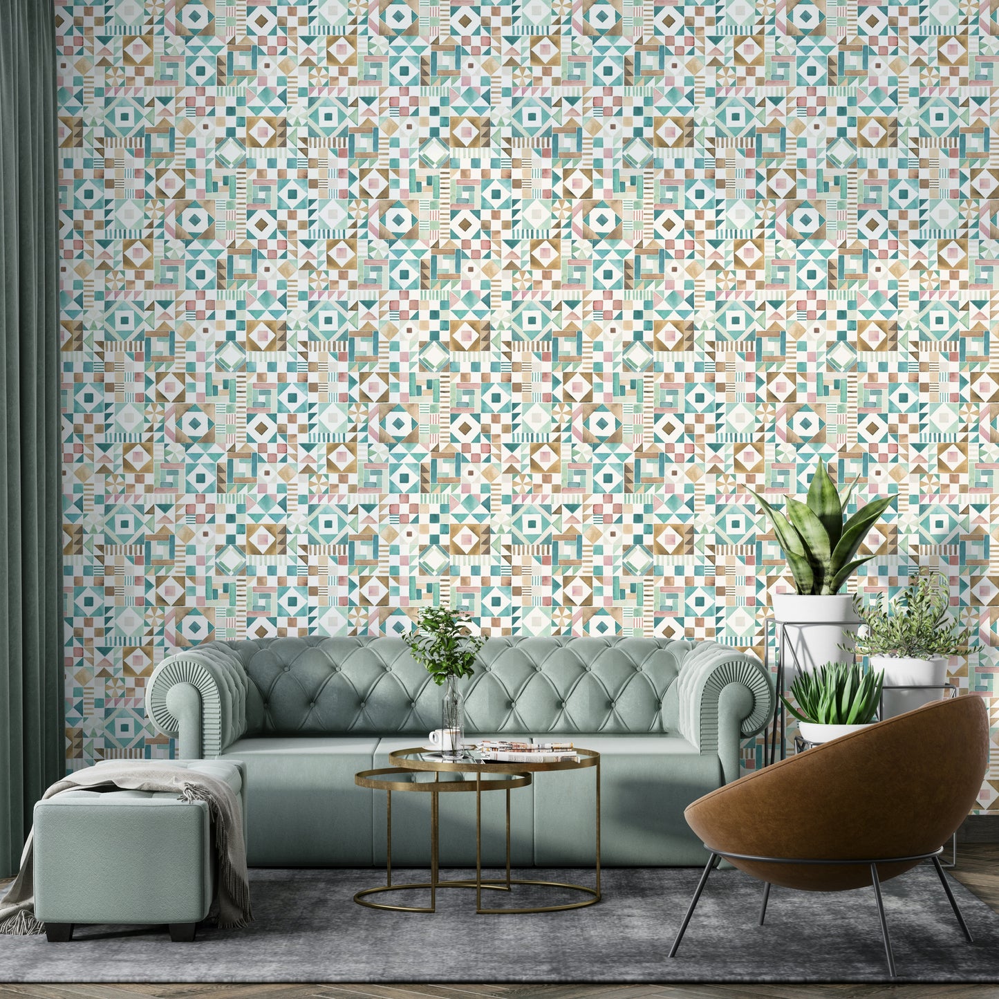 3D-effect geometric tile wallpaper for interiors

