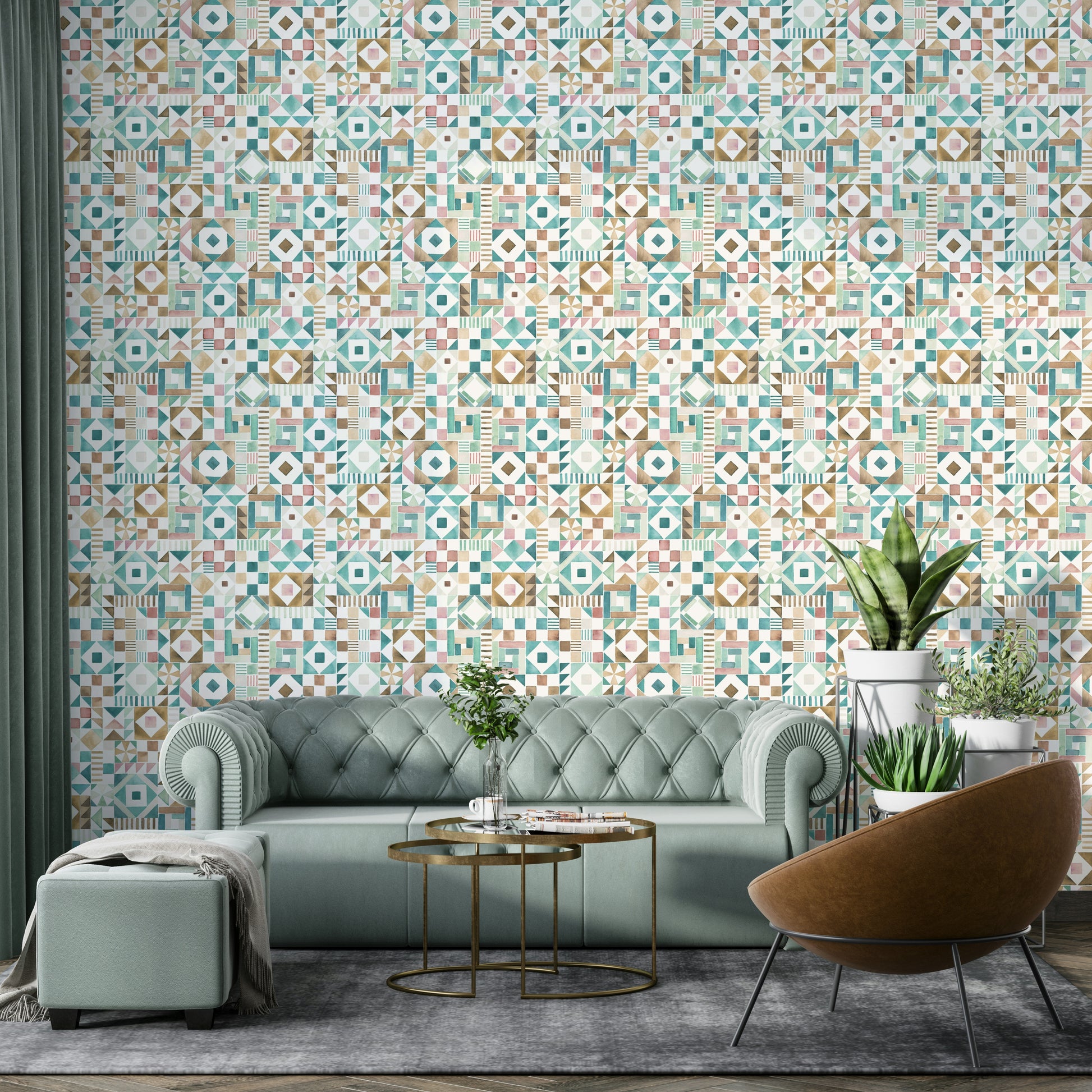 3D-effect geometric tile wallpaper for interiors


