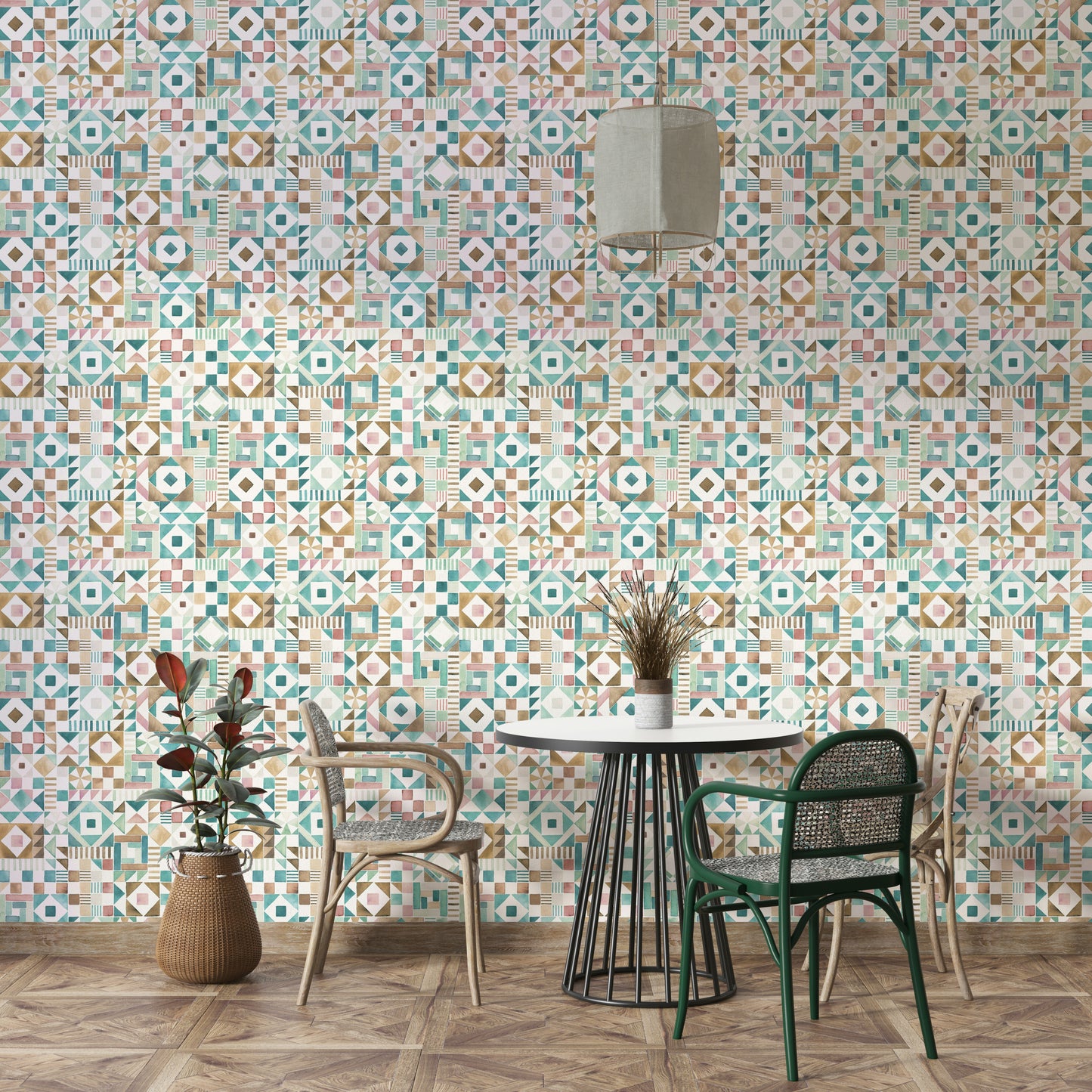 Minimalist geometric tiles wall covering in neutral tones


